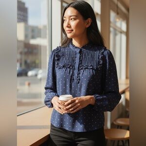 J. Crew Navy Blouse with Pink Hearts Size Small